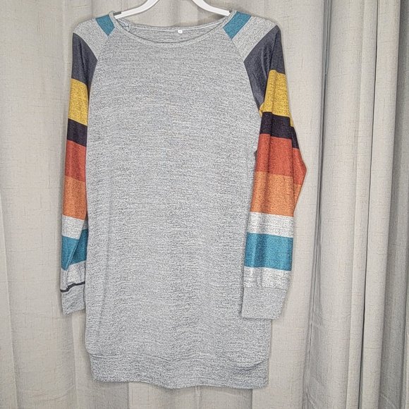KRL Gray Sweater with color stripe sleeves - Picture 1 of 5